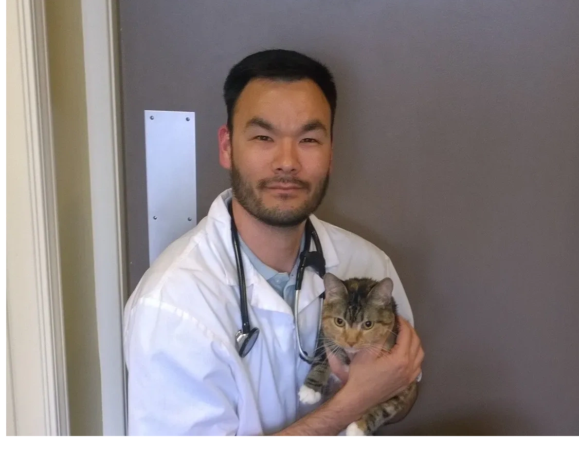 Dr. James Vite holding a tabby cat